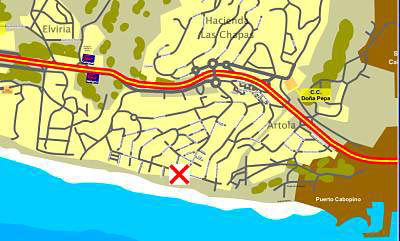 location of marbesa beach apartment in relation to Puerto CAbopino and Elviria